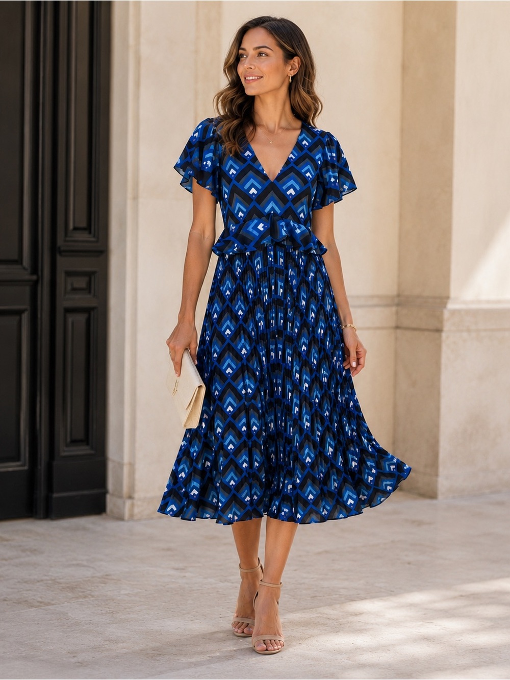 Club Monaco Blue Geometric Pleated Midi Dress Flutter Sleeve Peplum Size 4